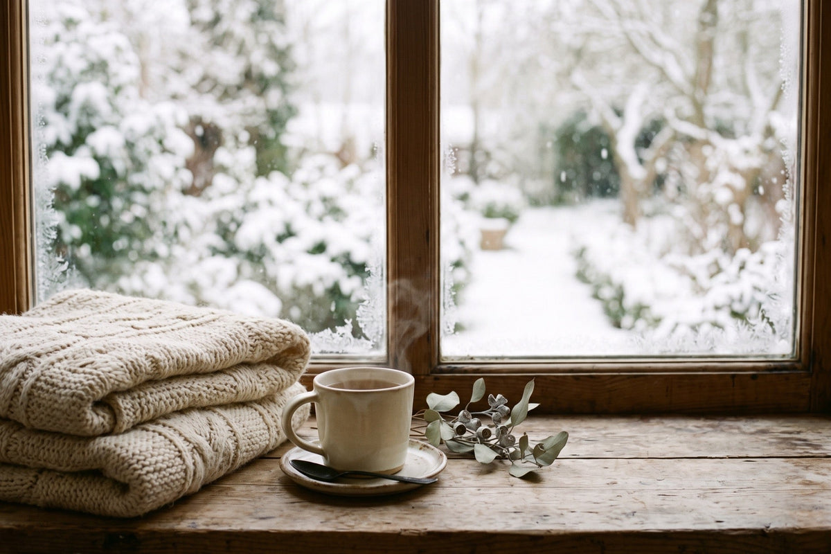 Winterliche Fensterbank mit Strickdecke und Tasse Tee vor verschneitem Garten