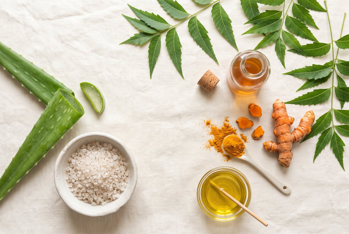 Natürliche Mittel bei Schuppenflechte: Aloe Vera, Totes-Meer-Salz, Apfelessig, Kurkuma, Neem-Blätter und Avocadoöl
