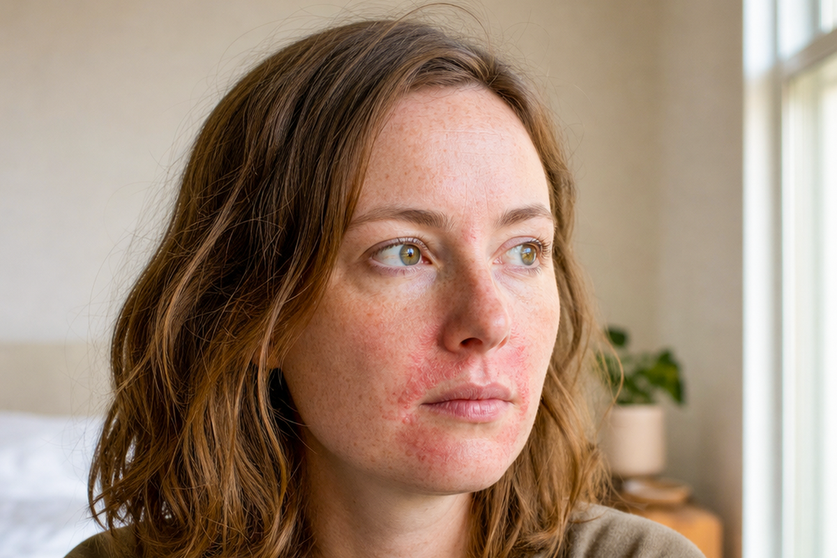 Frau mit periorale Dermatitis um Mund und Nase, ruhiges Alltagsportraet am Fenster