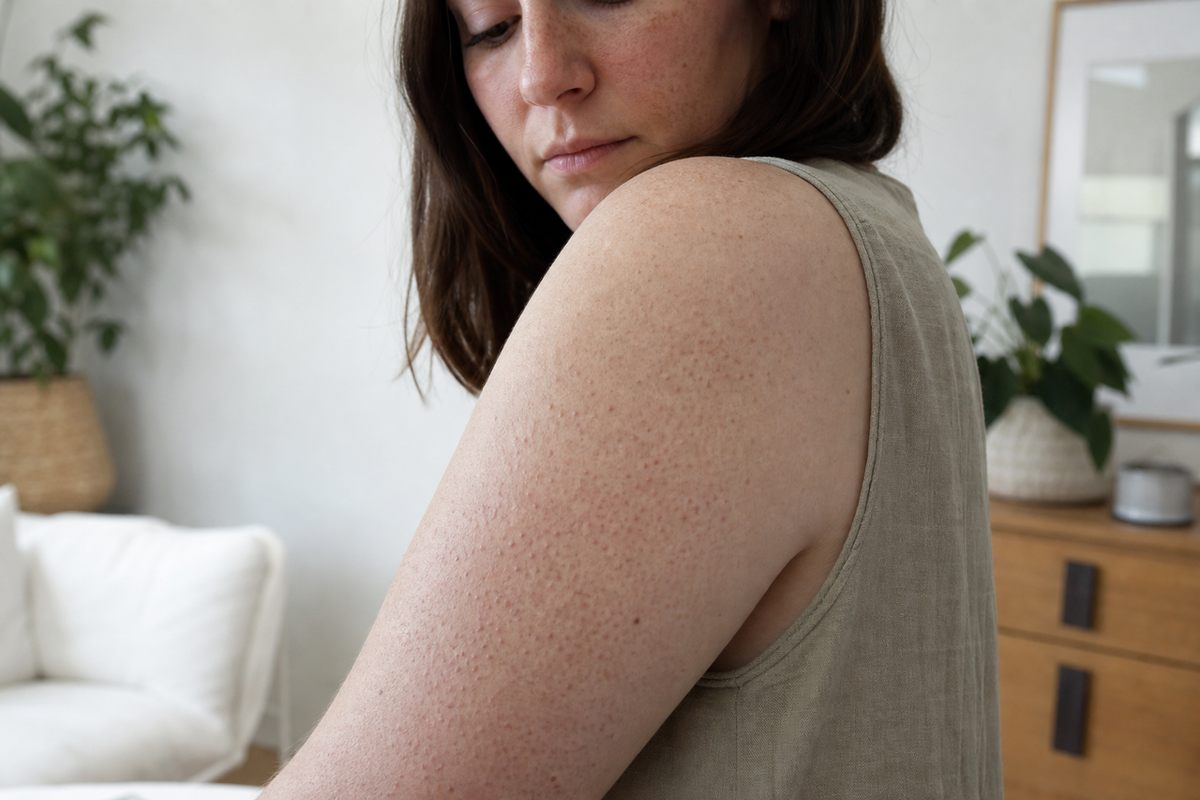 Frau mit Reibeisenhaut (Keratosis pilaris) am Oberarm, ruhiges Alltagsportraet