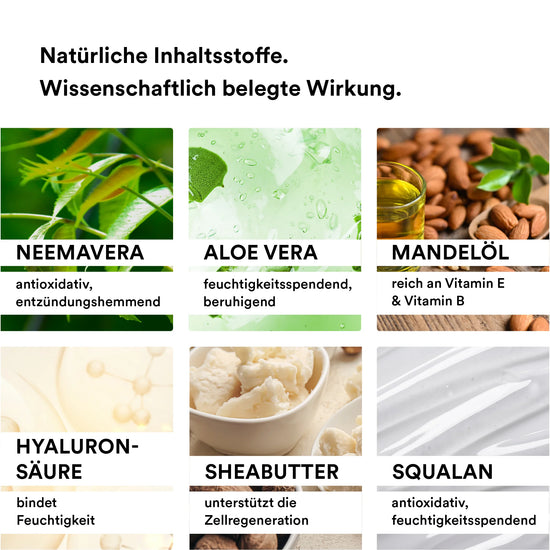 Man sieht verschiedene natürliche Inhaltsstoffe, die in der Body Lotion der Marke natüür enthalten sind. Unter anderem sieht man Hyaluronsäure, Sheabutter, Aloe Vera und NEEMAVERA.