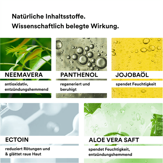 Man sieht verschiedene Inhaltsstoffe die in der Cream der Marke natür enthalten sind. Z.B. sieht man NEEMAVERA mit grünen Blättern, Jojobaöl und Aloe Vera Saft.