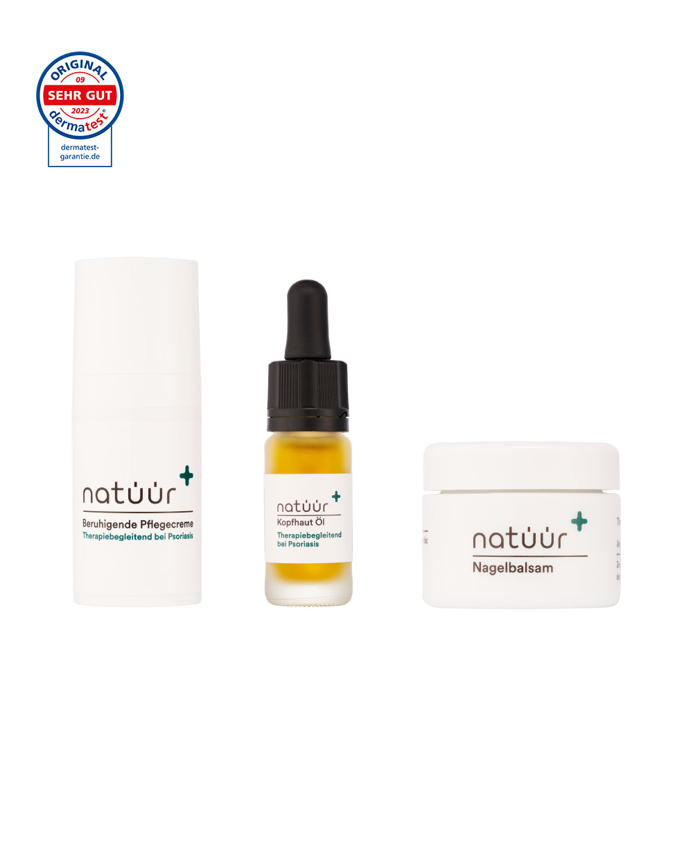 Das Kennenlern-Set der Marke natüür mit Psoriasis Körperpflege-Produkten.