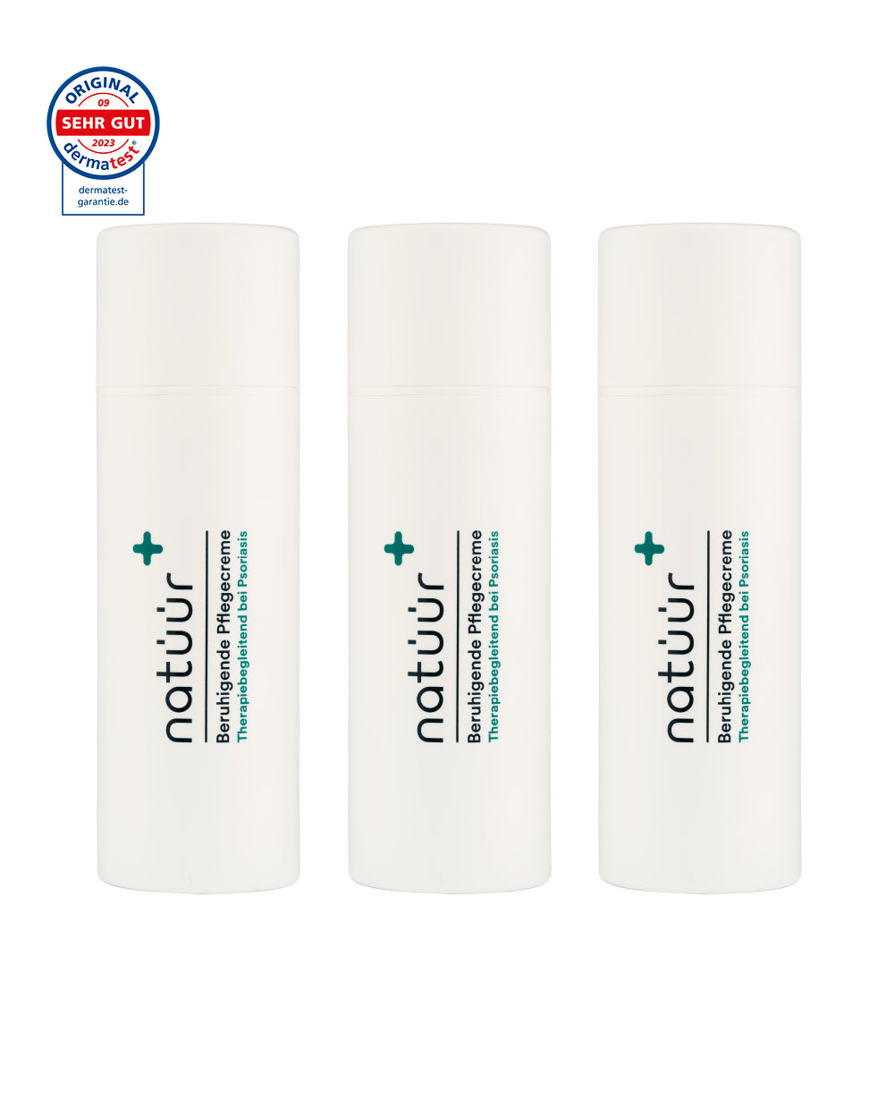 Das Pflegecreme Vorteils-Set der Marke natüür mit Psoriasis Körperpflege-Produkten. Die drei Cremen ist cylinderförmig abgebildet.