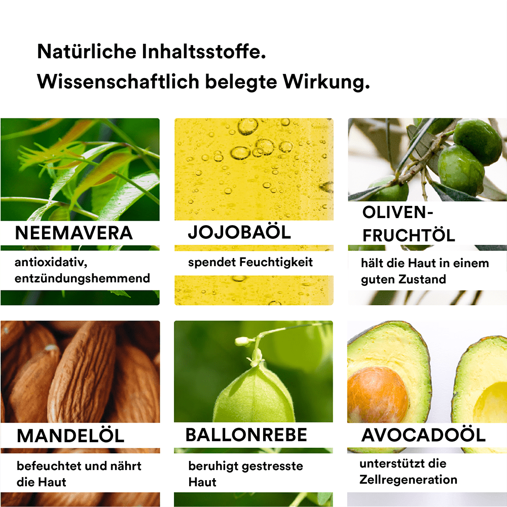 Man sieht verschiedene Inhaltsstoffe die in dem Scalp Oil der Marke natüür enthalten sind. Z.B. sieht man NEEMAVERA mit grünen Blättern, Jojobaöl und Oliven..