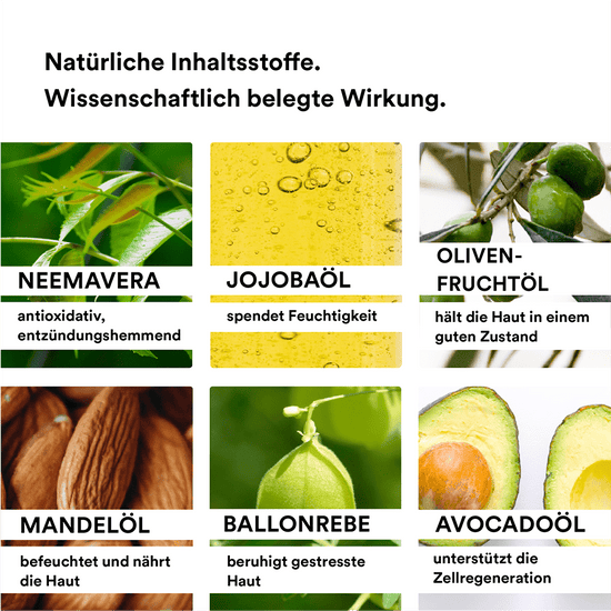 Man sieht verschiedene Inhaltsstoffe die in dem Scalp Oil der Marke natüür enthalten sind. Z.B. sieht man NEEMAVERA mit grünen Blättern, Jojobaöl und Oliven..
