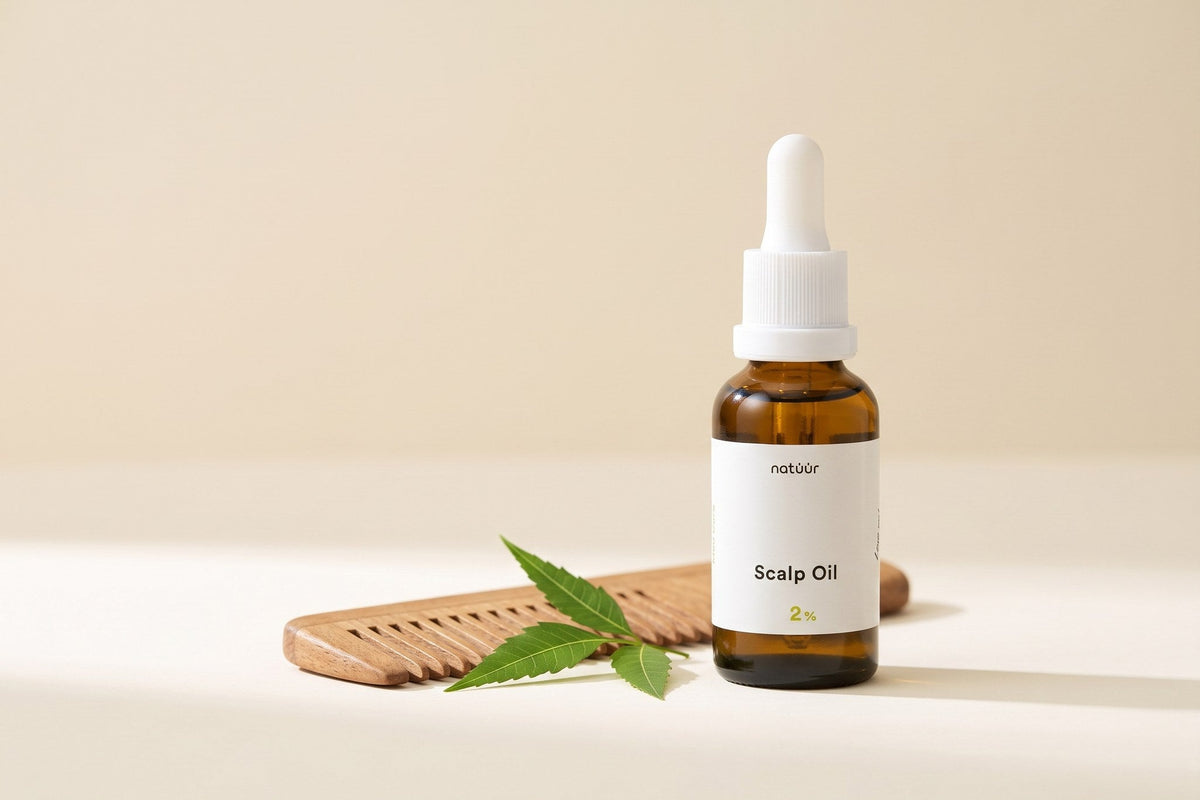 natüür Scalp Oil in brauner Pipettenflasche neben einem Holzkamm und einem Neemzweig