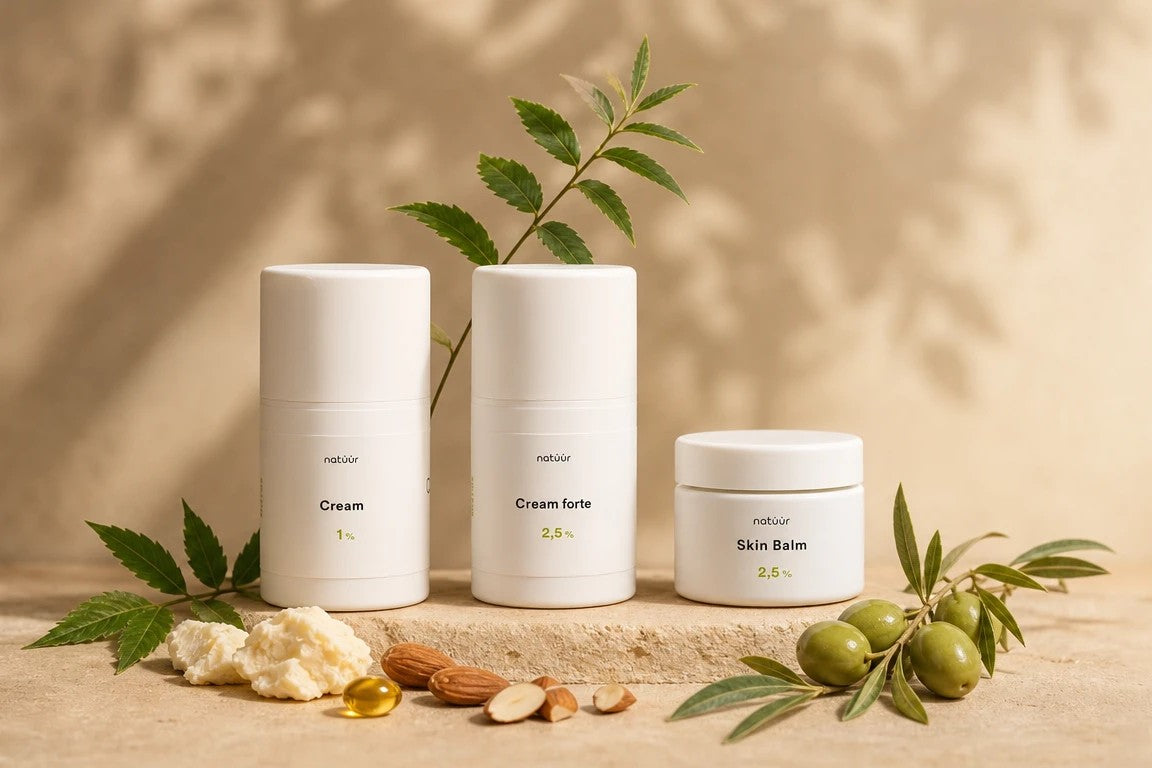 natüür Cream, Cream forte und Skin Balm mit Neem, Sheabutter, Mandeln und Oliven