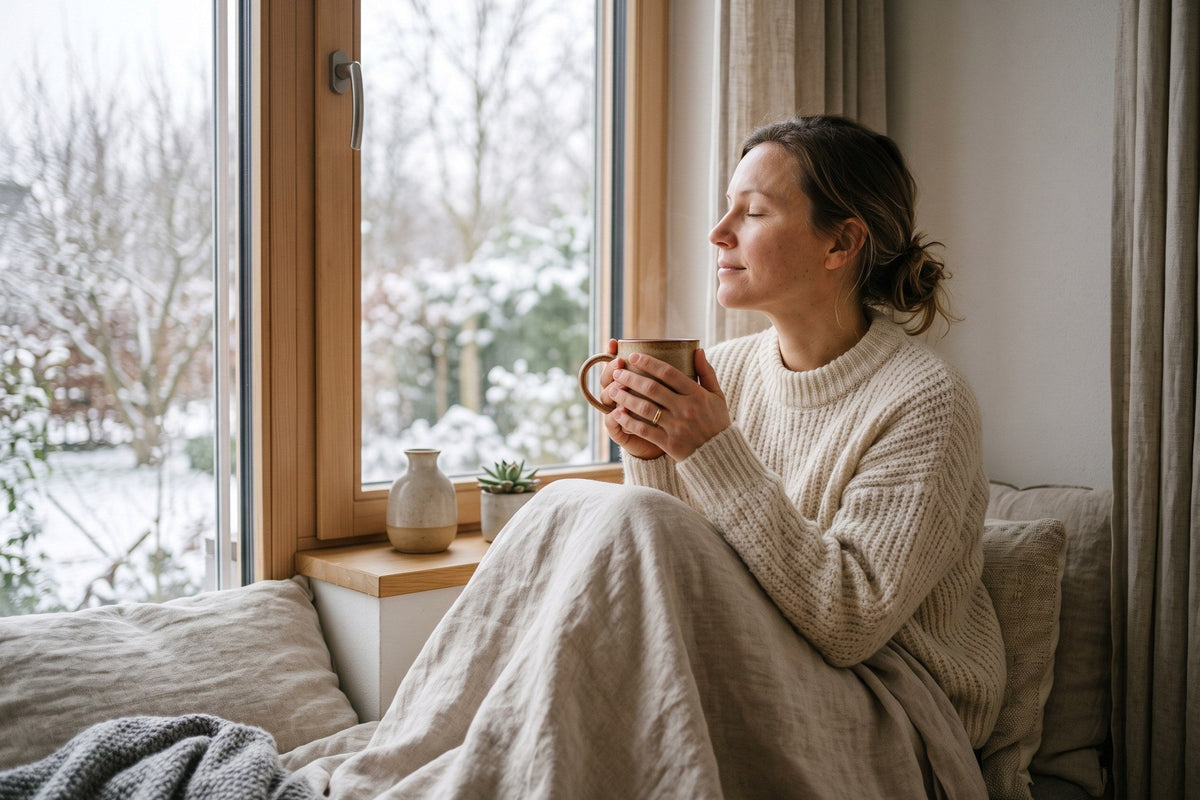 Frau im Strickpullover sitzt mit einer Tasse Tee entspannt an einem verschneiten Winterfenster