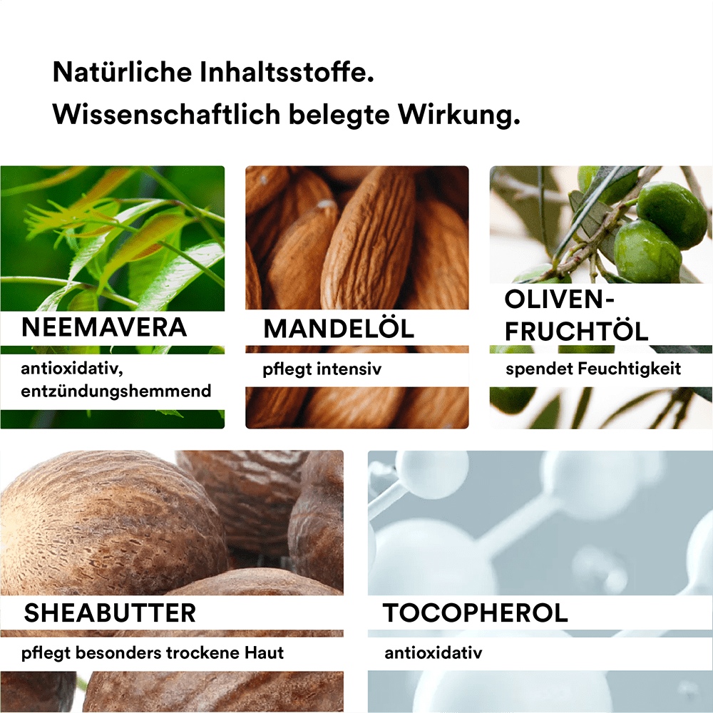 Man sieht verschiedene Inhaltsstoffe die in der Cream forte der Marke natüür enthalten sind. Z.B. sieht man NEEMAVERA mit grünen Blättern, Mandeln und Oliven.. 