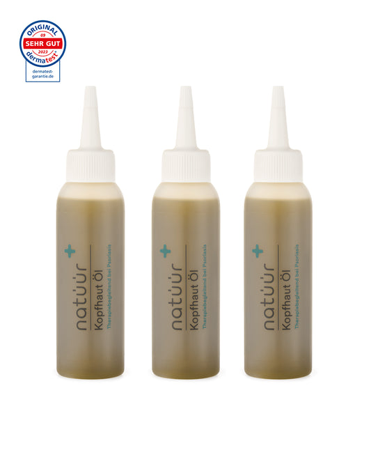 Das Kopfhaut-Öl Vorteils-Set der Marke natüür mit Psoriasis Haarpflege-Produkten. Das flüssige Öl ist in Plastikflaschen gefüllt.