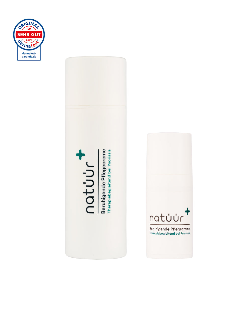 Das Duo-Set Pflegecreme der Marke natüür mit Psoriasis Hautpflege-Produkten.Die Creme ist cylinderförmig abgebildet.