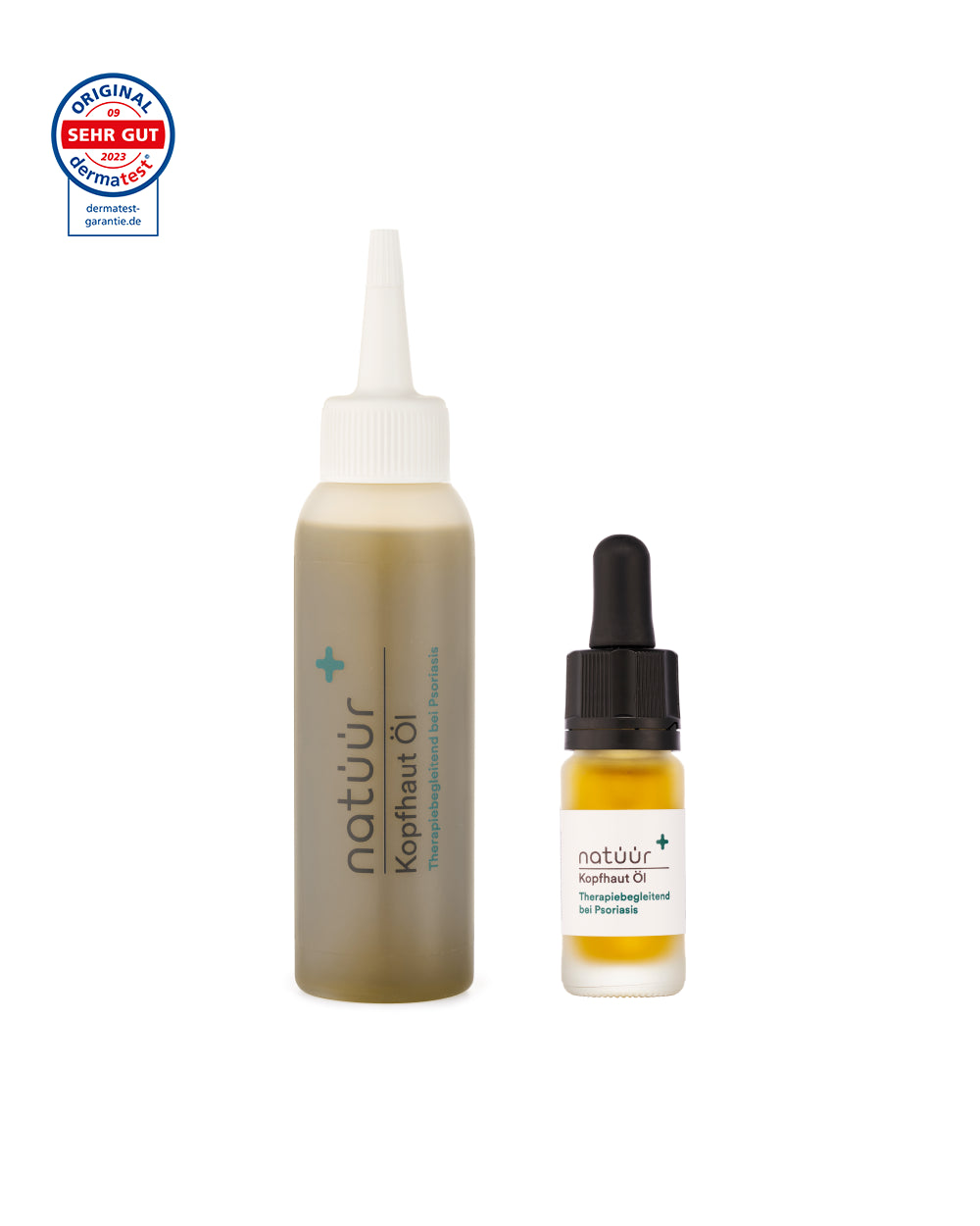 Das Duo-Set Kopfhaut-Öl der Marke natüür mit Psoriasis Körperpflege-Produkten - dem flüssigen Öl in einer Plasticplasche und einer Glasflasche.