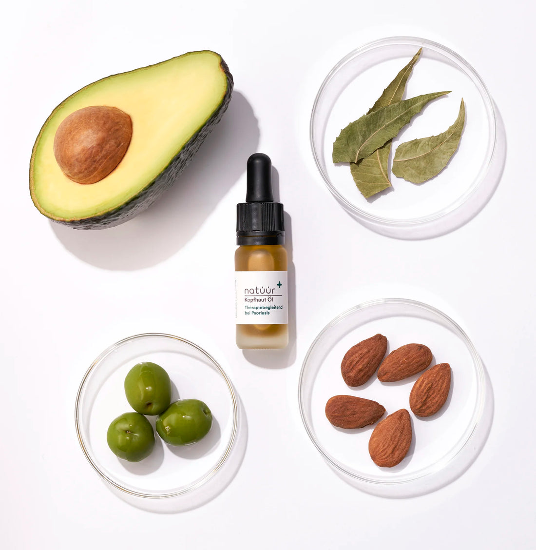 Unser Produkt, das Kopfhaut-Öl, ist zu sehen umgeben von Inhaltsstoffen wie dem Superfood Avocado und Neem.