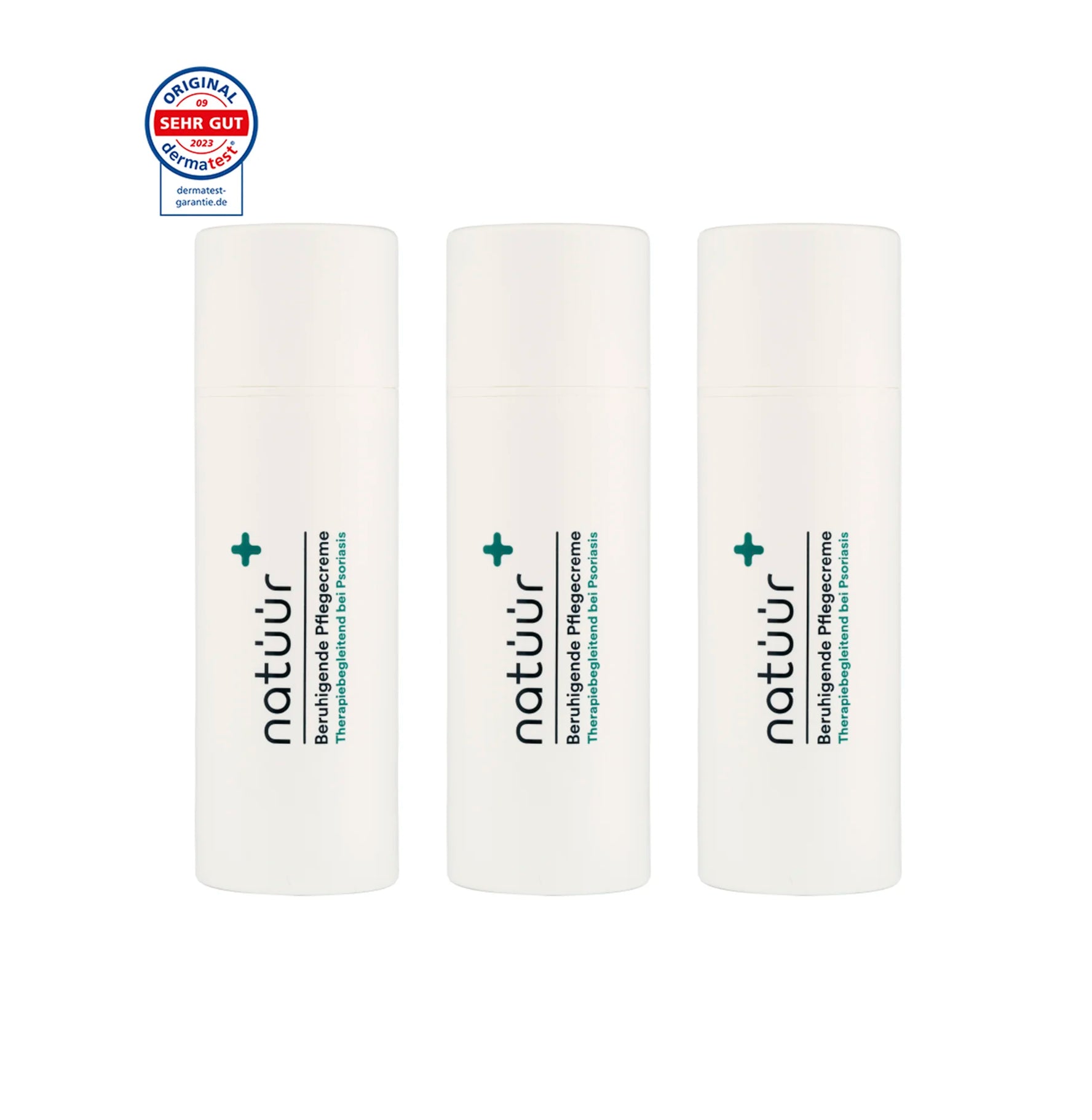 Das Pflegecreme Vorteils-Set der Marke natüür mit Psoriasis Körperpflege-Produkten. Die drei Cremen ist cylinderförmig abgebildet.