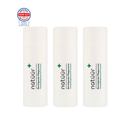 Das Pflegecreme Vorteils-Set der Marke natüür mit Psoriasis Körperpflege-Produkten. Die drei Cremen ist cylinderförmig abgebildet.