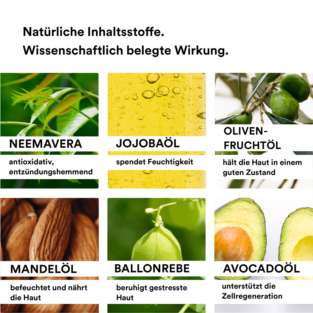 Man sieht verschiedene Inhaltsstoffe die in dem Scalp Oil der Marke natüür enthalten sind. Z.B. sieht man NEEMAVERA mit grünen Blättern, Jojobaöl und Oliven.. 