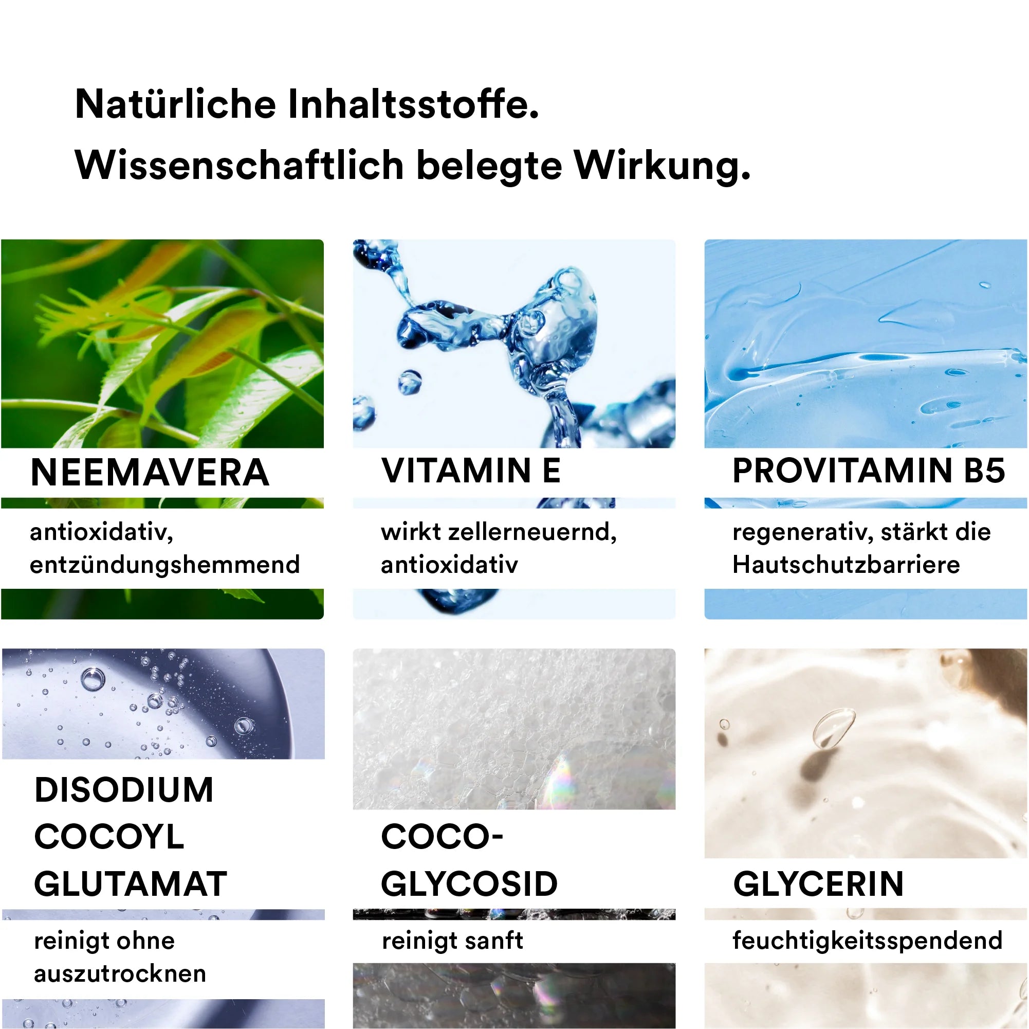 Man sieht verschiedene natürliche Inhaltsstoffe, die in dem Shampoo der Marke natüür enthalten sind. Unter anderem sieht man das und NEEMAVERA, Provitamin B5, Gylcerin und Vitamin E